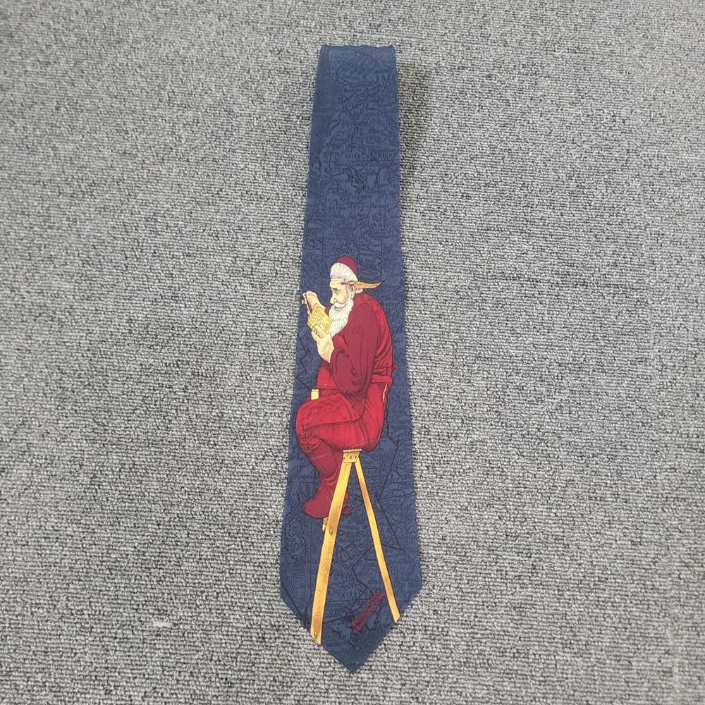 Norman Rockwell OS Christmas Santa Silk Tie Mens Navy Blue Vintage 1994 90s Art